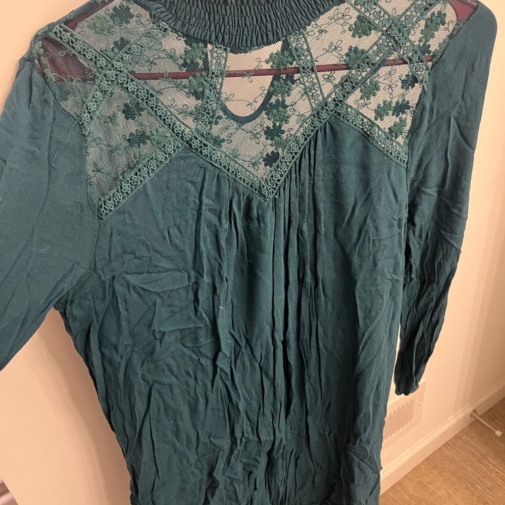 Altar'd State Blue Smocked Lace Long Sleeve Blouse